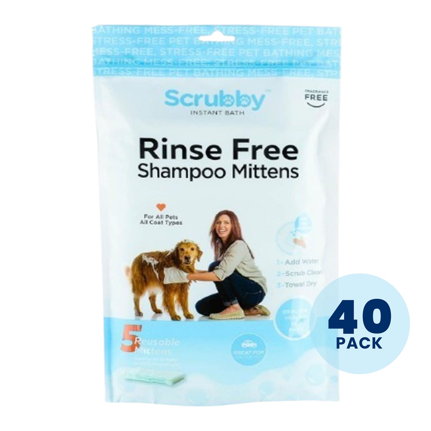 Scrubby Pet No Rinse Shampoo Mittens for Dogs, Unscented - 40 Pack