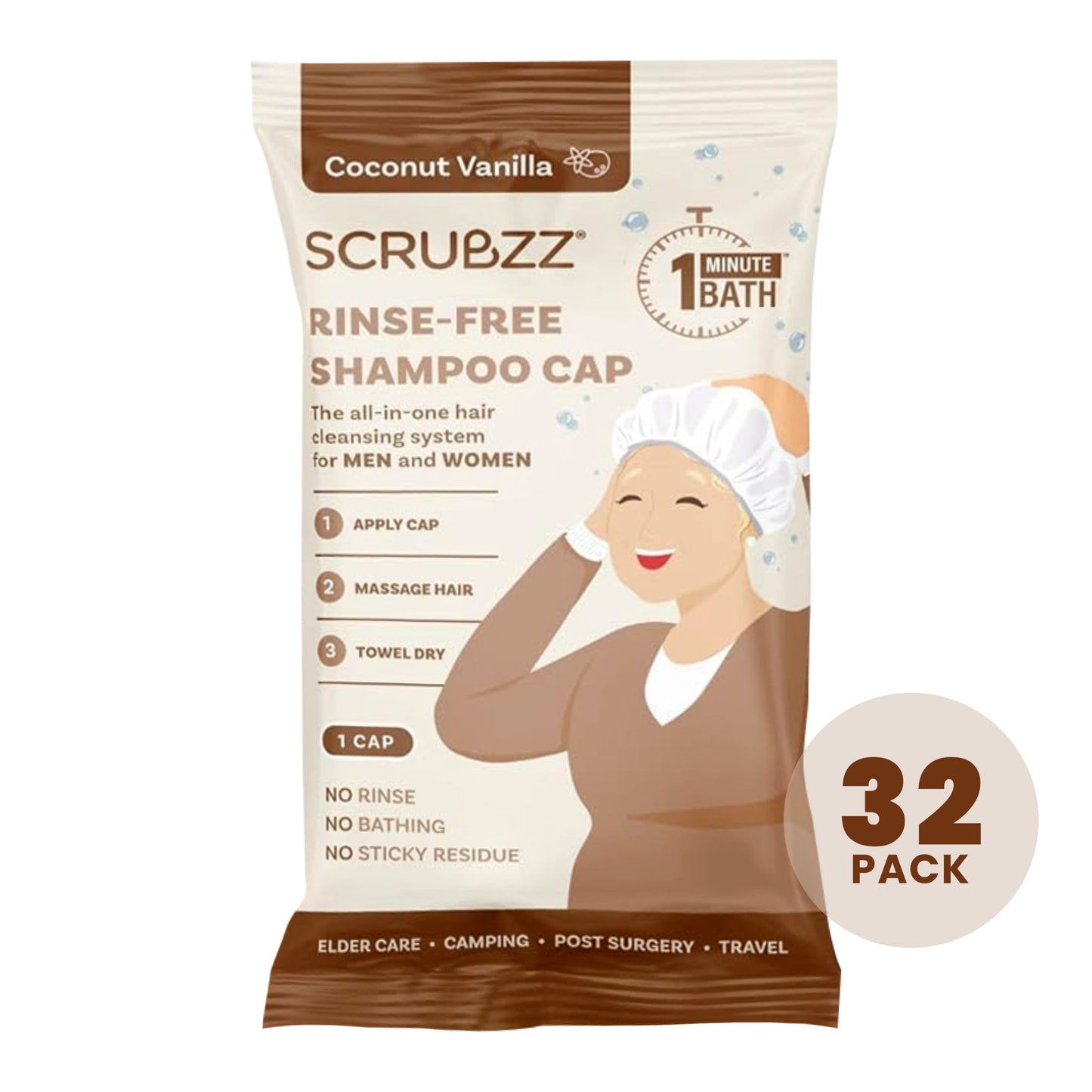 Scrubzz Rinse-Free Shampoo Caps, Coconut Vanilla - 32 Pack