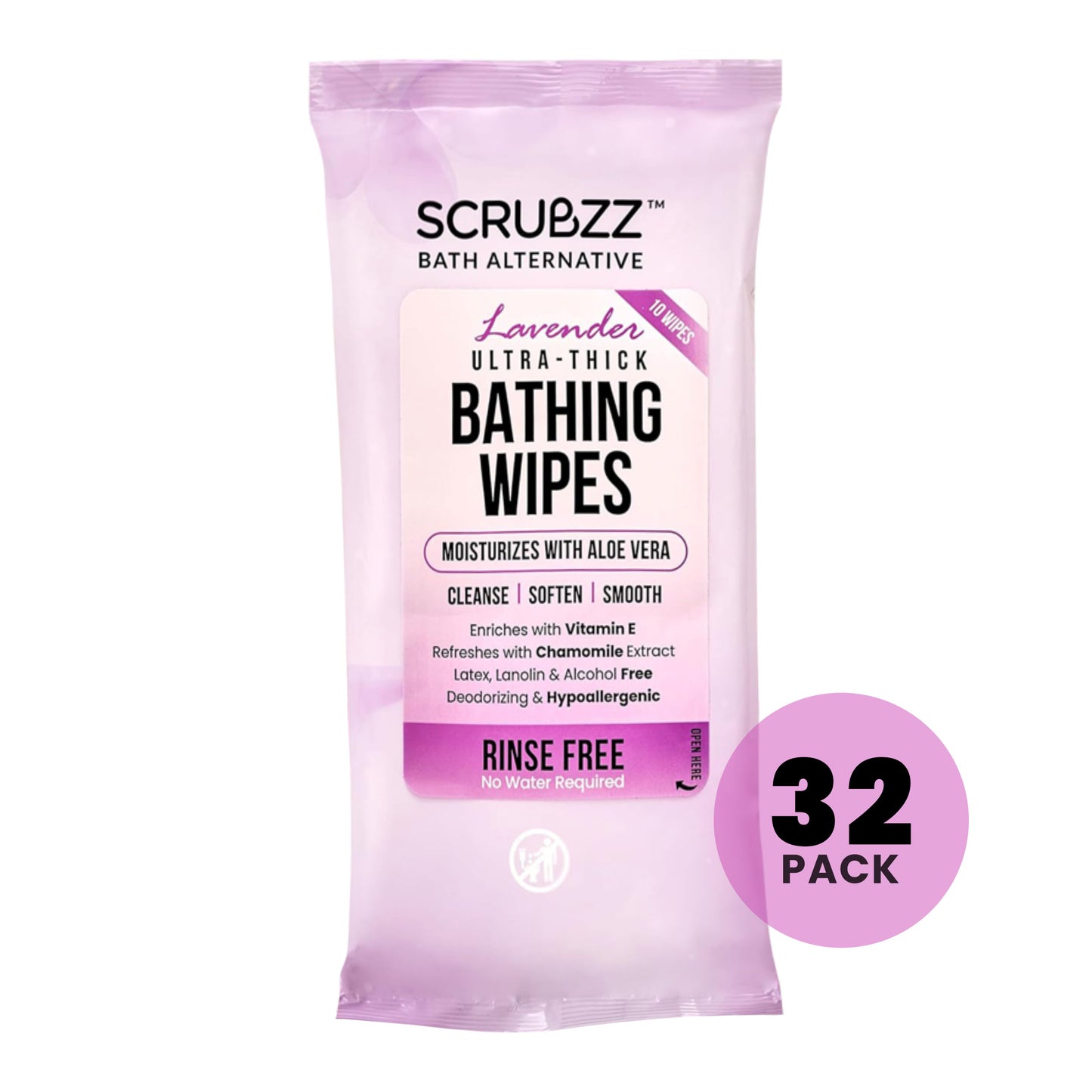 Scrubzz Ultra Thick Bathing Wipes, Lavender - 32 Pack