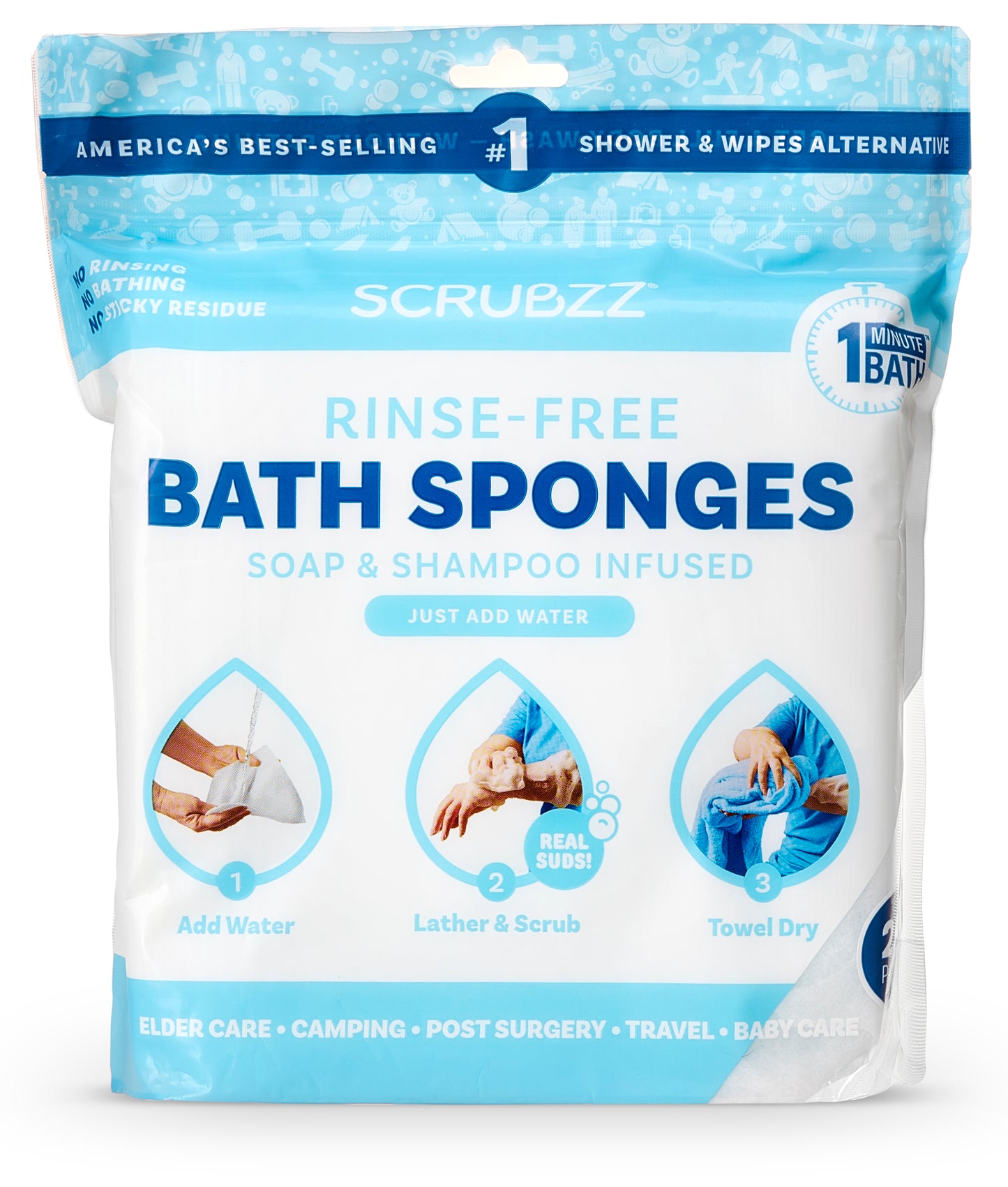 Scrubzz Rinse-Free Bathing Wipes – 25 Wipes per Pack, 20 Packs per Case – Disposable, Single-Use Sponge Bath Wipes