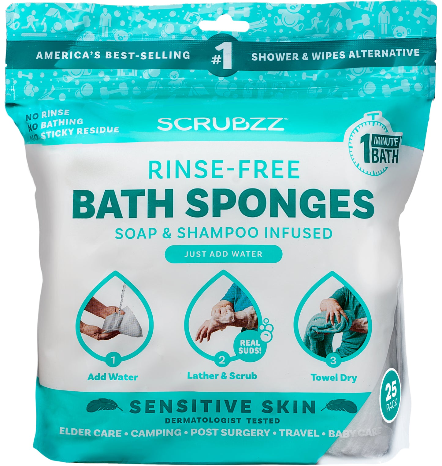 Scrubzz Rinse-Free Bathing Wipes – For Sensitive Skin – 25 Wipes per Pack, 8 Packs per Case – Disposable, Single-Use Sponge Bath Wipes