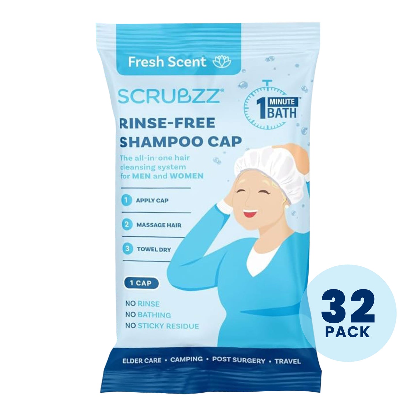 Scrubzz Rinse-Free Shampoo Caps, Fresh Scent - 32 Pack