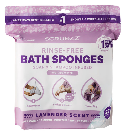 Scrubzz Rinse-Free Bathing Wipes – Lavender Scent – 25 Wipes per Pack, 20 Packs per Case – Disposable, Single-Use Sponge Bath Wipes