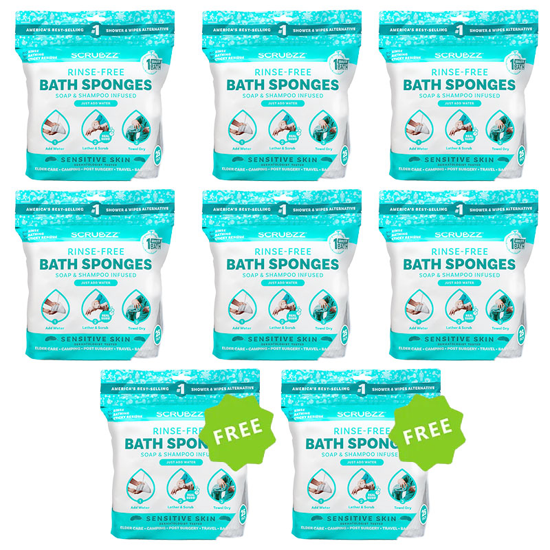 6 PACKS SENSITIVE SKIN + 2 FREE – Scrubzz Rinse-Free Sponge Bath