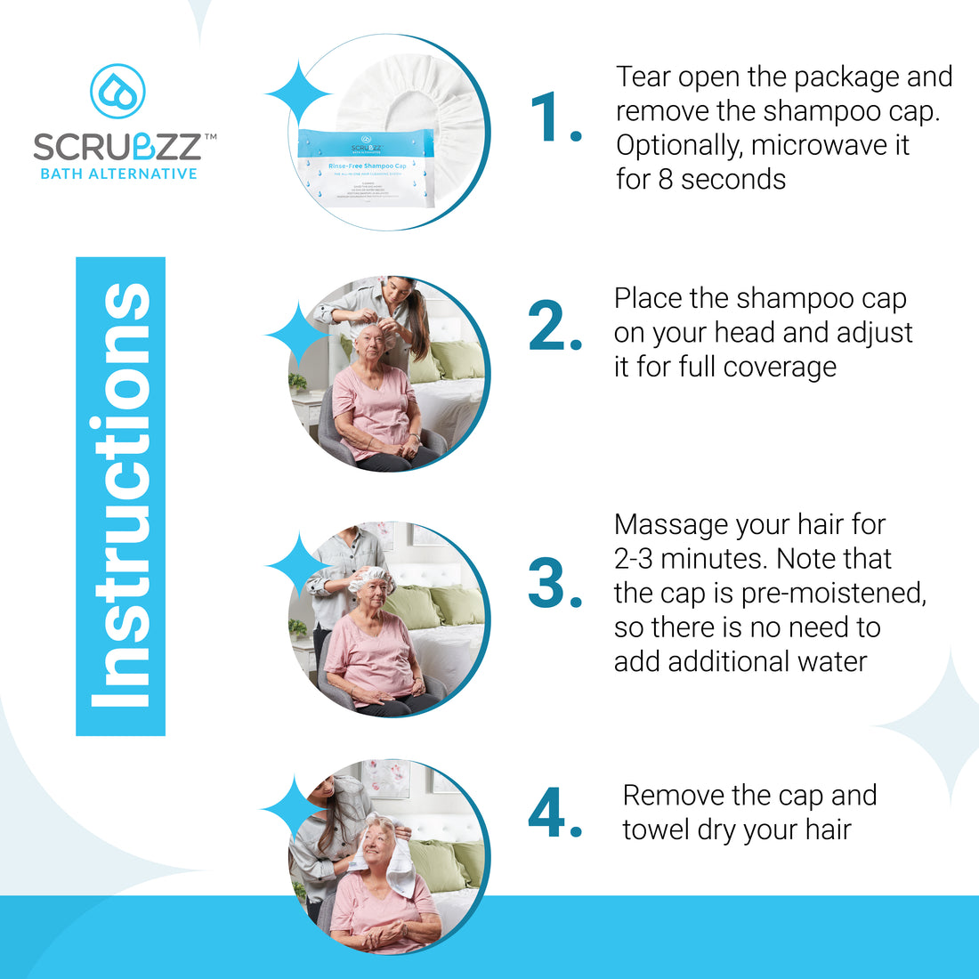 Scrubzz Rinse Free Shampoo Caps 6 Pack Scrubzz RinseFree Sponge Bath