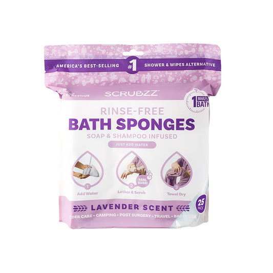 Scrubzz Rinse Free Bath Sponge, No Rinse Bathing Wipes, Lavender Scented - 25 Count - 1 Pack