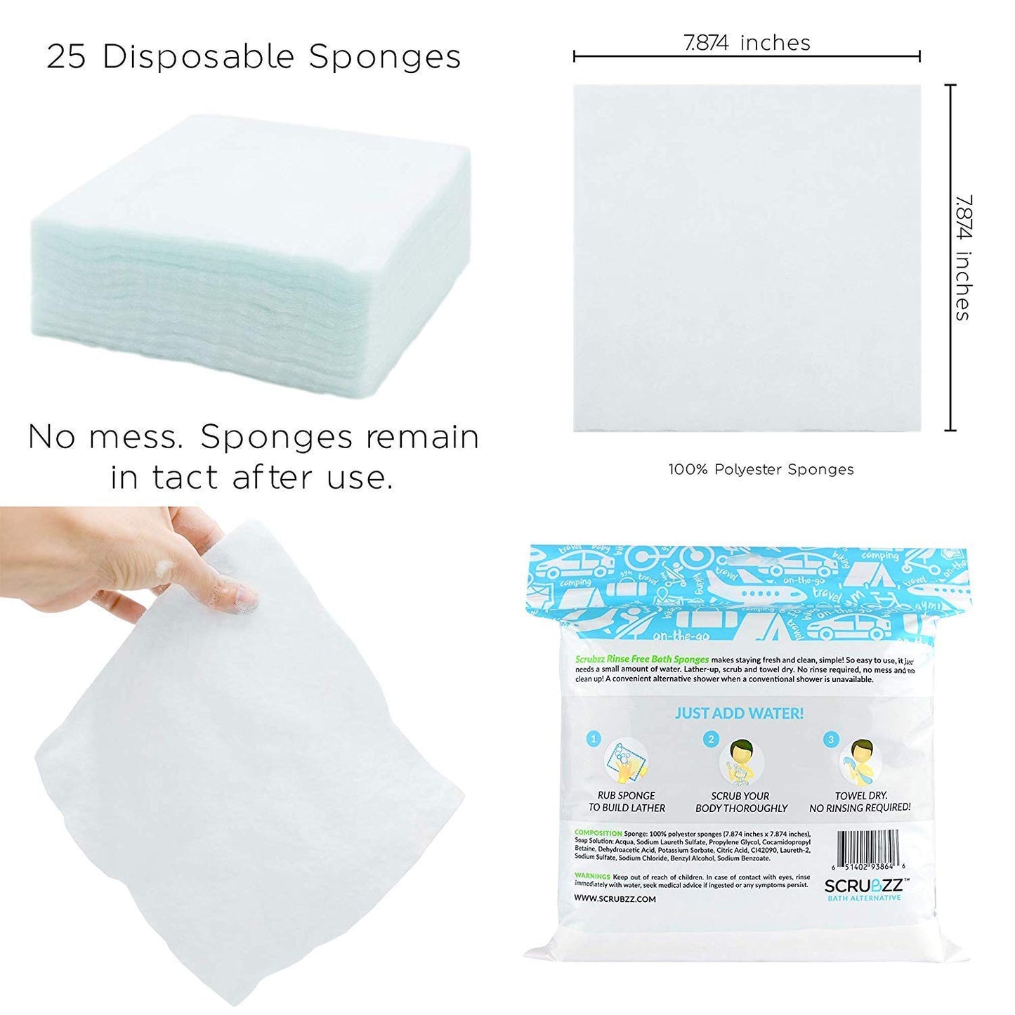 Scrubzz Rinse Free Bath Sponge, No Rinse Bathing Wipes - 25 Count - 1 Pack
